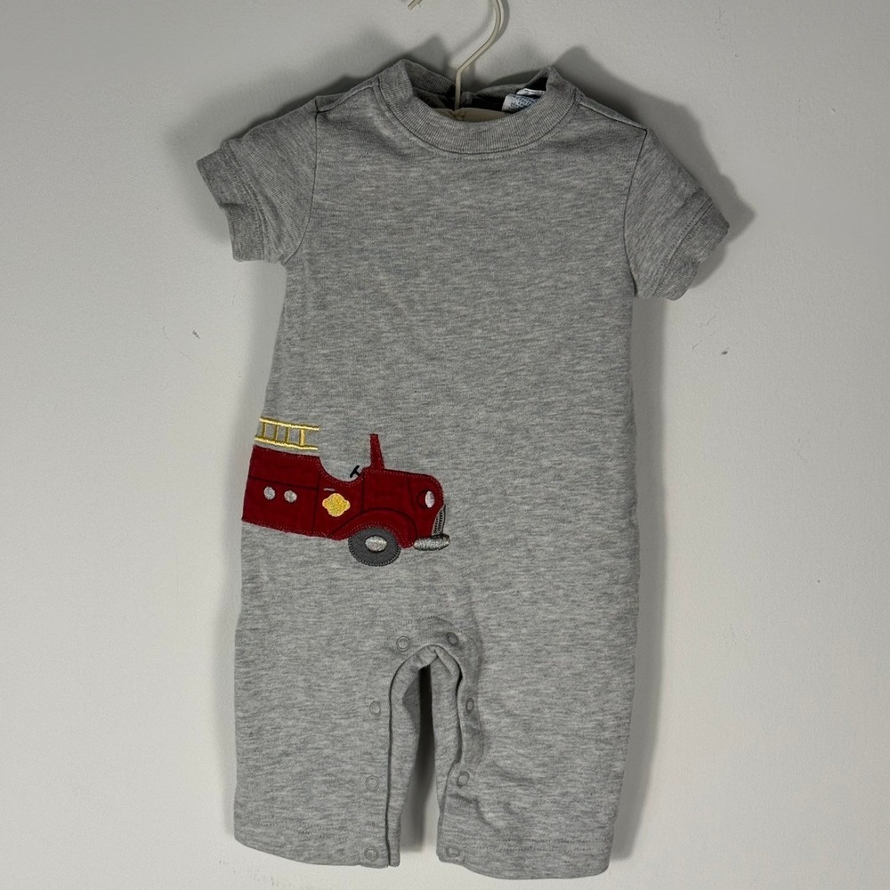 VTG Gymboree Baby Boys Fire Truck Applique Cotton Romper Heather Gray 0-3 Months